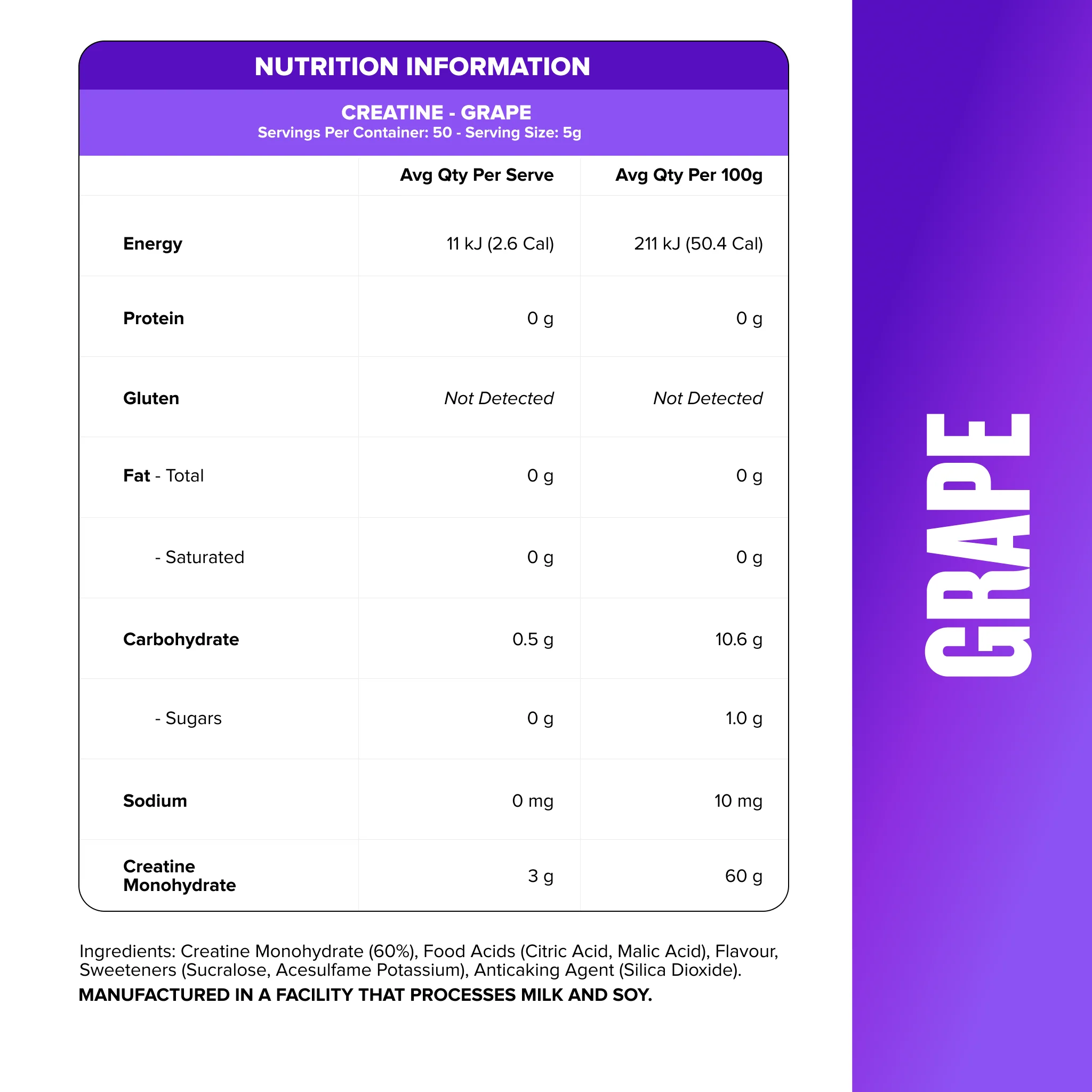 CREATINE MONOHYDRATE - Grape - 50 serves - Image 2
