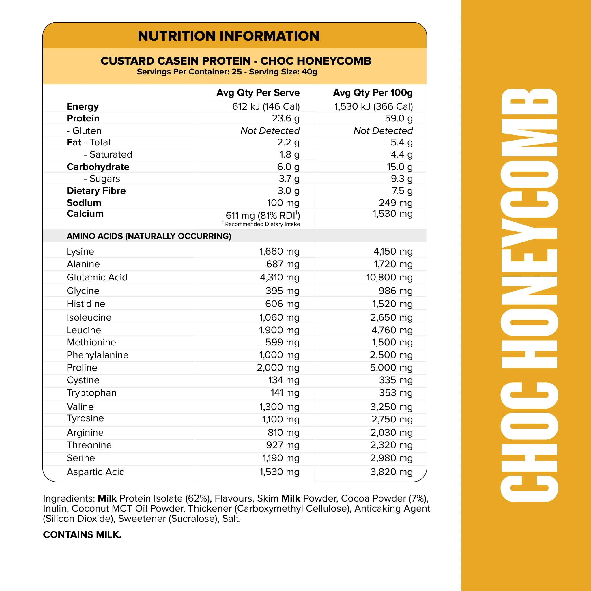 CUSTARD Casein Protein - Choc Honeycomb - 25 serves - Image 2
