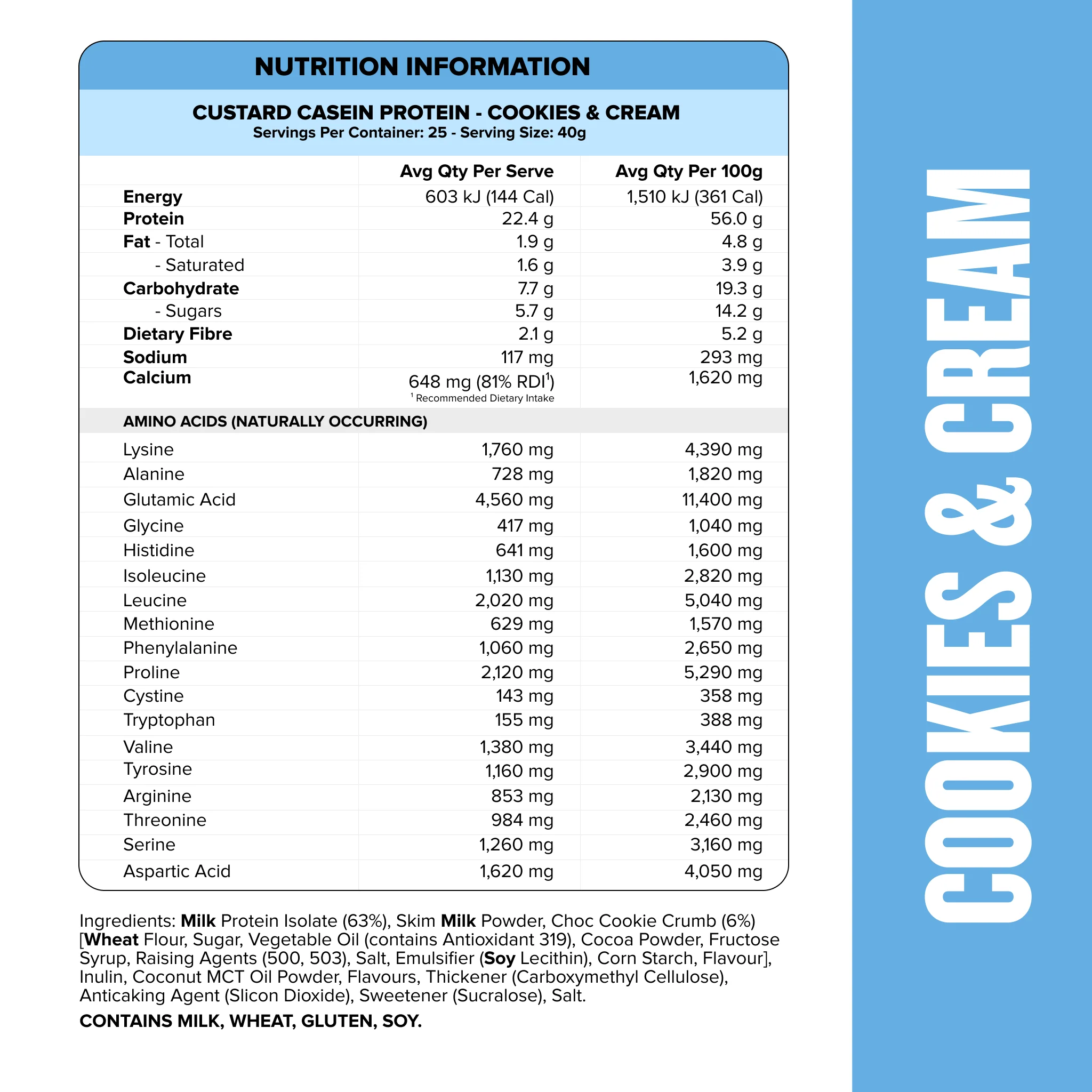 CUSTARD Casein Protein - Cookies & Cream - 25 serves - Image 2