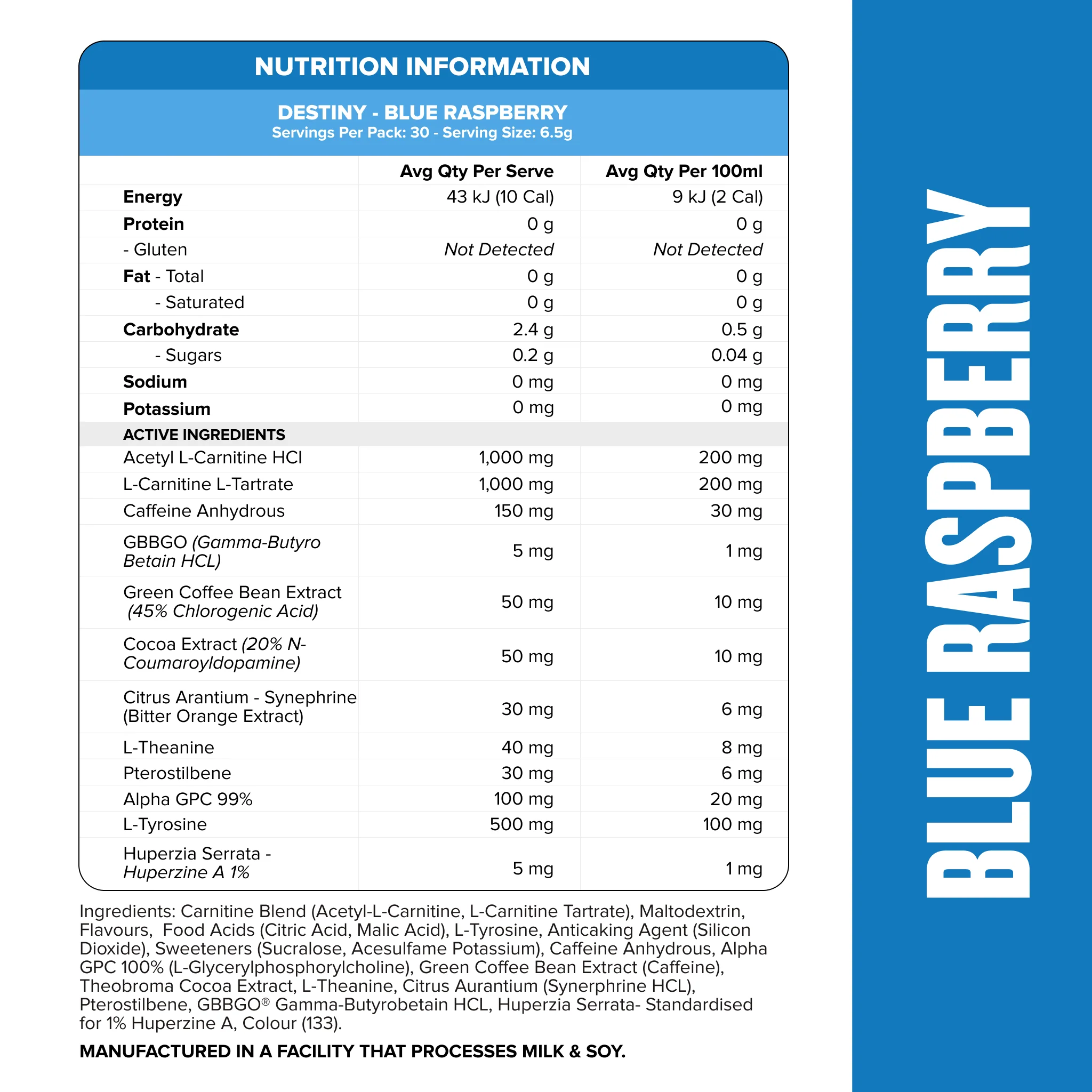 DESTINY Pre-Workout Burn - Blue Raspberry - 30 serves - Image 2
