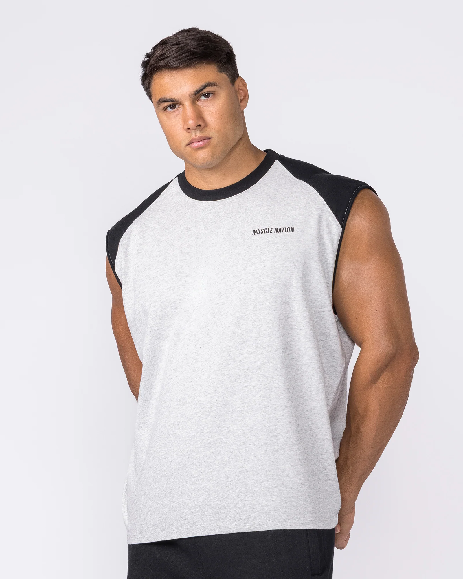 Essential Raglan Boxy Muscle Tank - Grey Marl / Black - Image 3