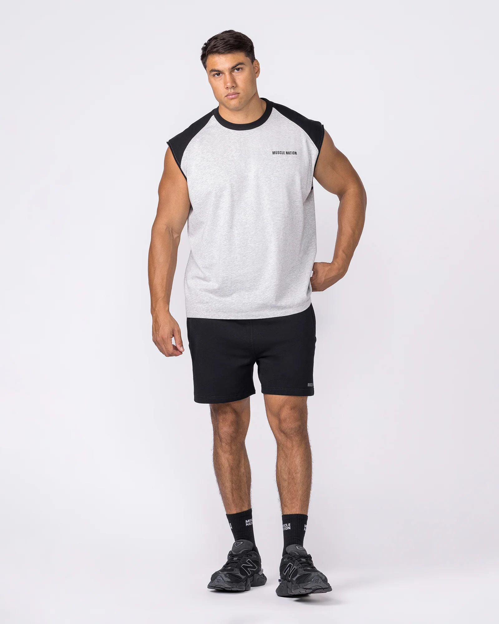 Essential Raglan Boxy Muscle Tank - Grey Marl / Black - Image 5