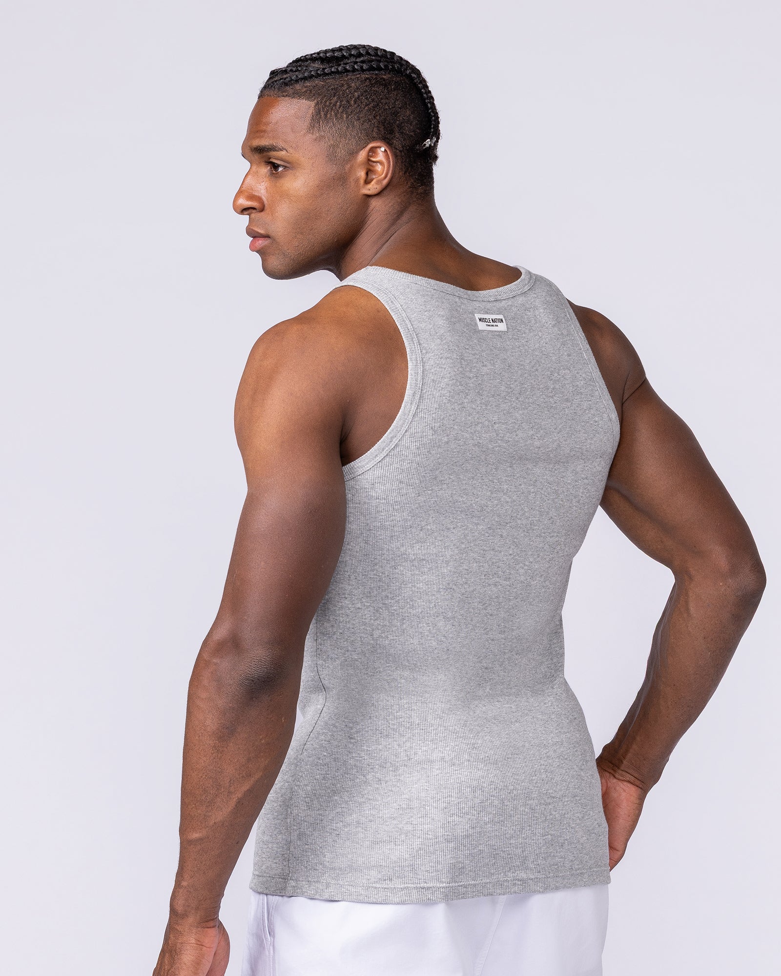 Ribbed Fitted Square Neck Training Tank - Grey Marl - Image 4