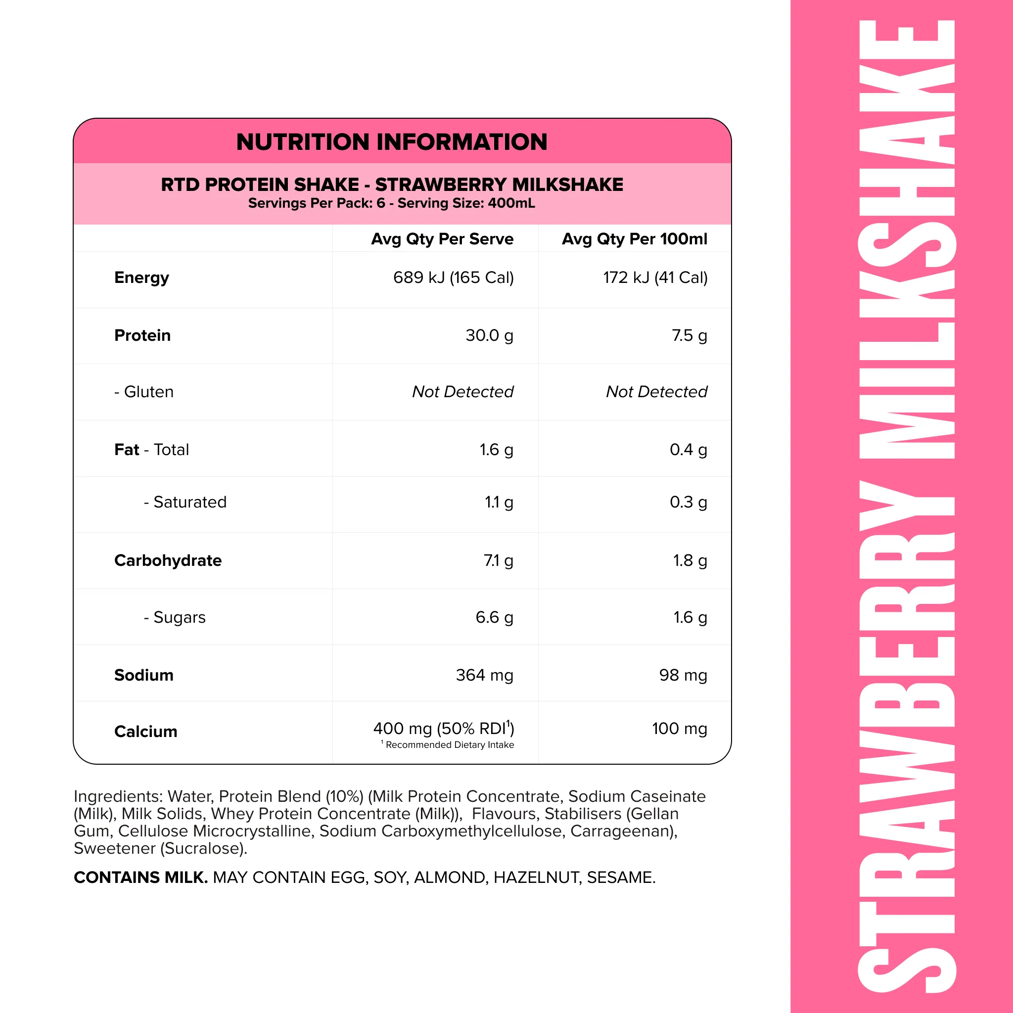 Protein Shake RTD - Strawberry Milkshake 400ml Bottle (6 Pack) - Image 2