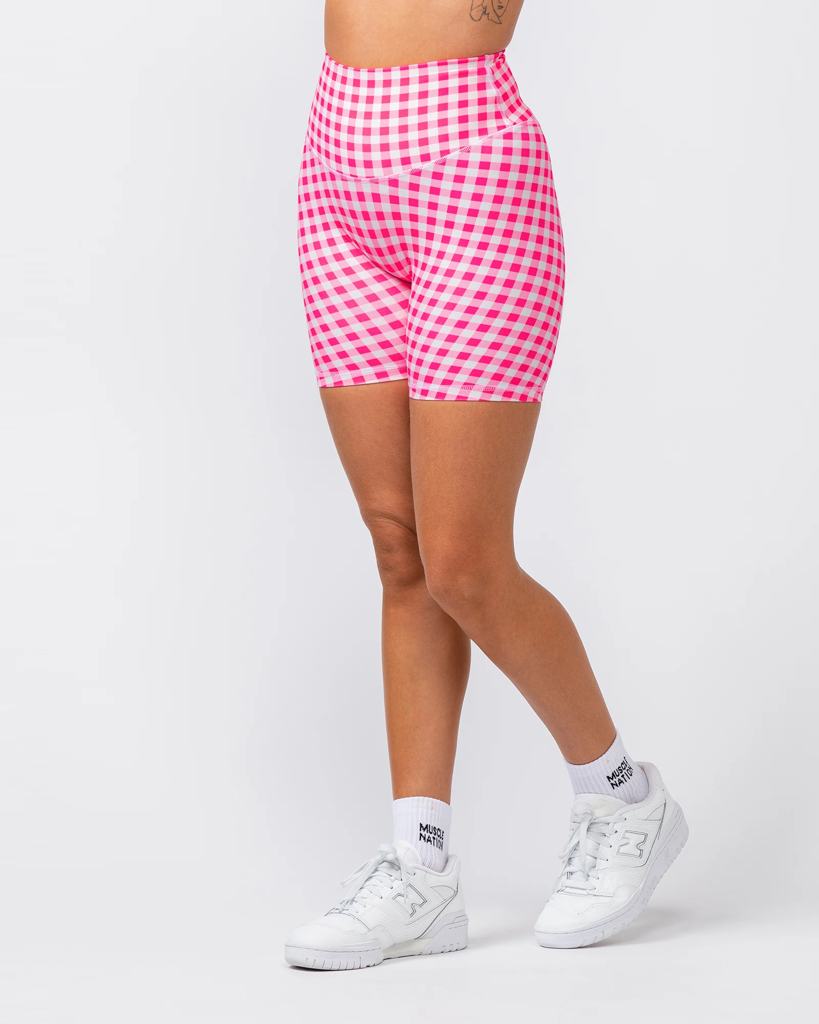 Ultra Aura Bike Shorts - Neon Pink Gingham Print - Image 4